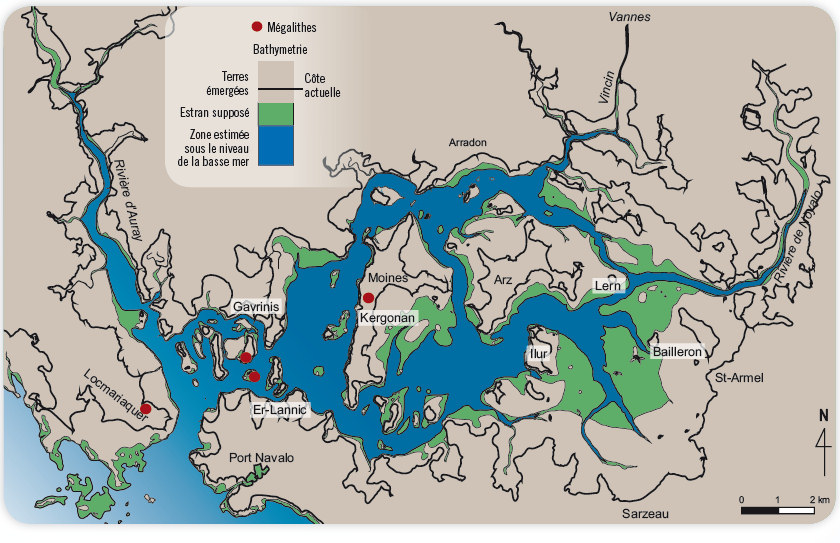 Morphologie côtière du Golfe du Morbihan, avec un niveau marin inférieur de 3 m à celui d'aujourd'hui